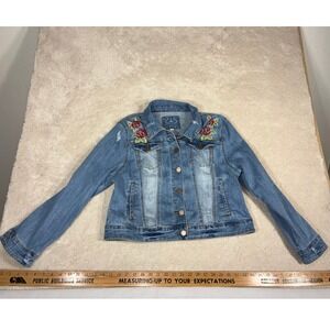 Rare Vintage Odyn Womens XL Floral Embroidered Denim Jacket Distressed